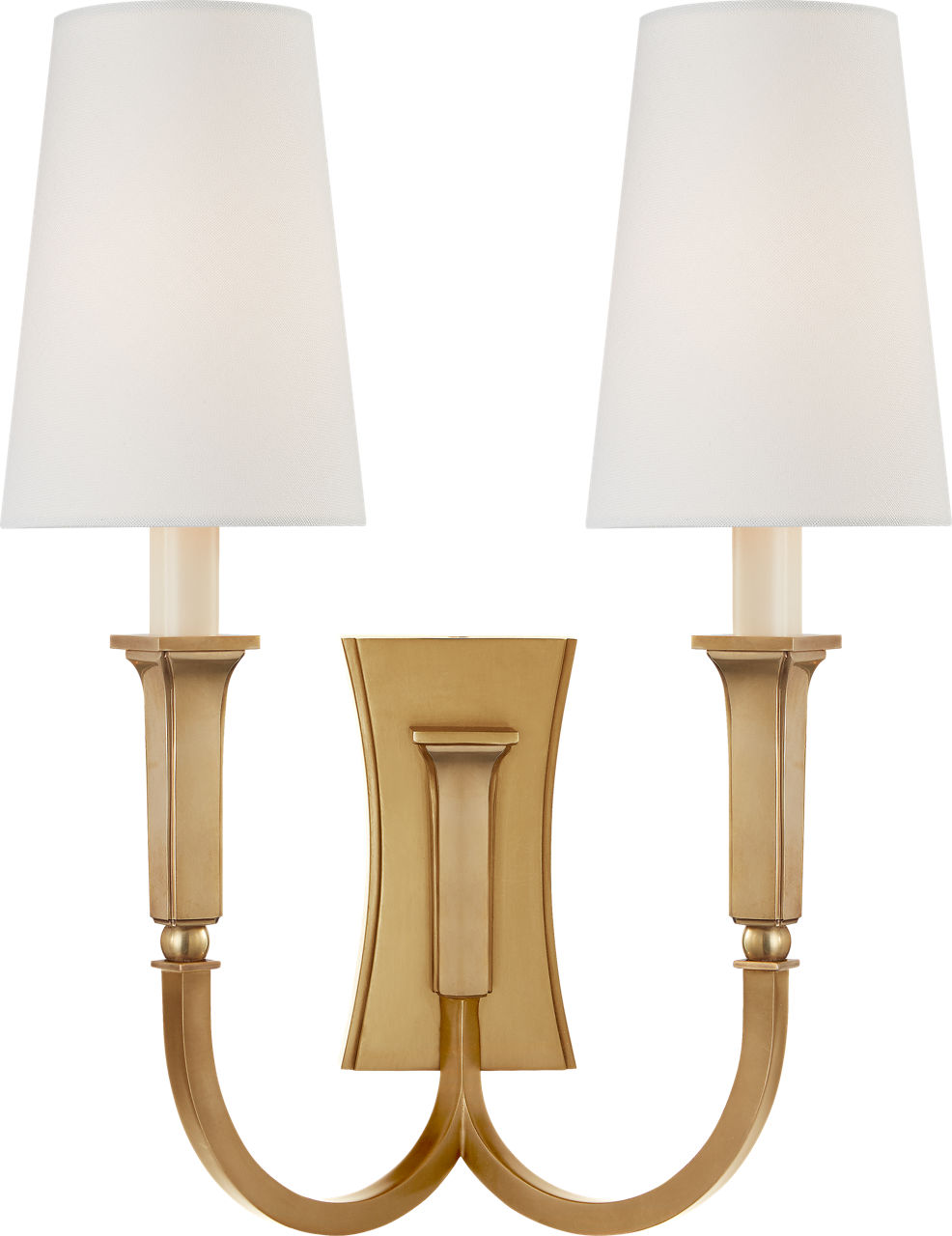 Delphia Large Double Arm Sconce in Hand-Rubbed Antique Brass with Linen Shade