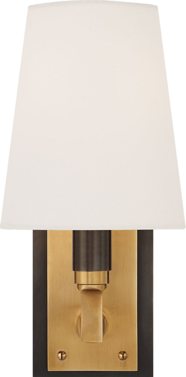 Watson Small Sconce in Bronze and Hand-Rubbed Antique Brass with Linen Shade