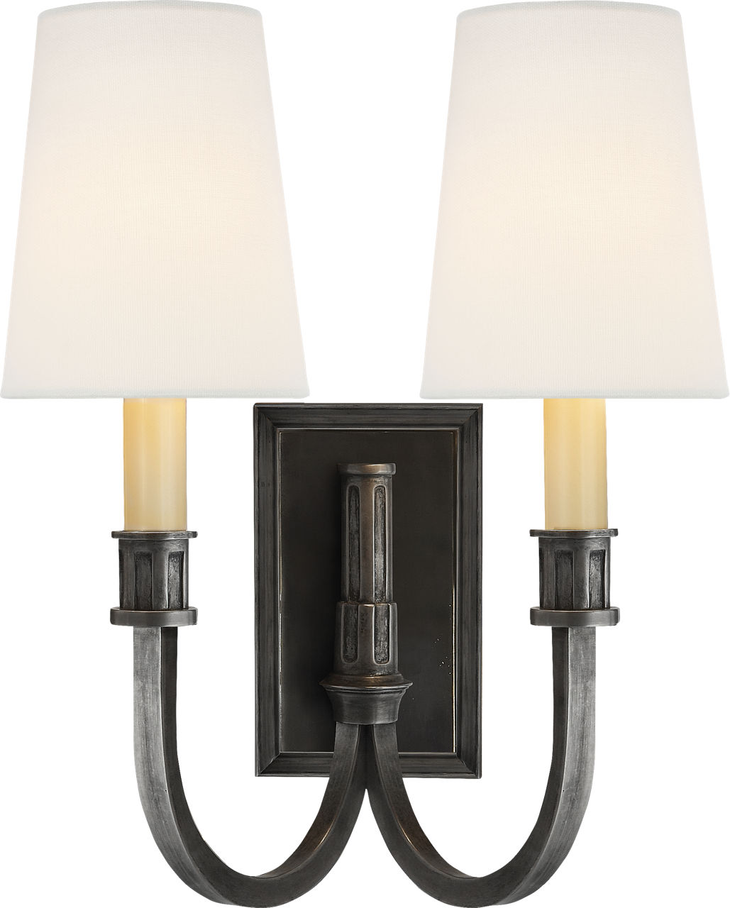 Modern Library Double Sconce in Bronze with Linen Shades
