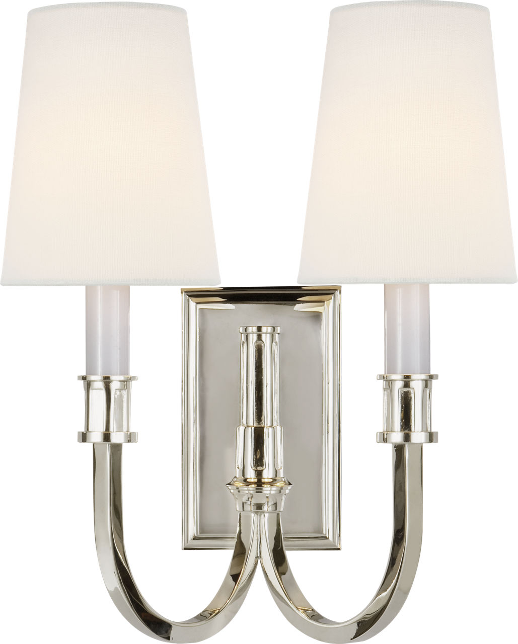 Modern Library Double Sconce in Polished Nickel with Linen Shades