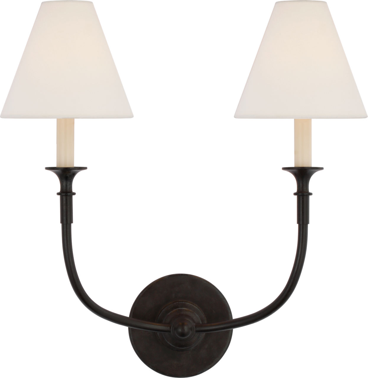 Piaf Double Sconce in Aged Iron with Linen Shades