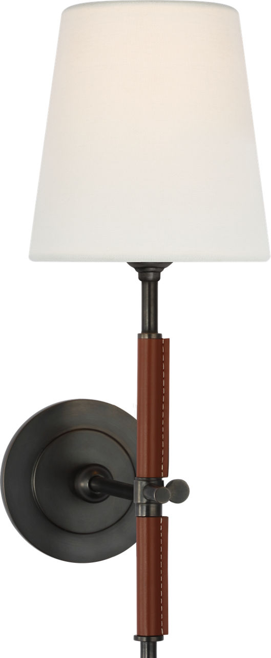 Bryant Wrapped Sconce in Bronze and Saddle Leather with Linen Shade