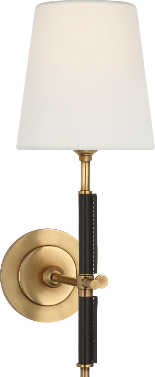 Bryant Wrapped Sconce in Hand-Rubbed Antique Brass and Chocolate Leather with Linen Shade
