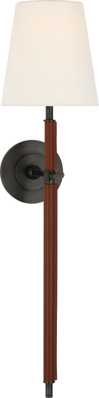 Bryant Large Wrapped Tail Sconce in Bronze and Saddle Leather with Linen Shade