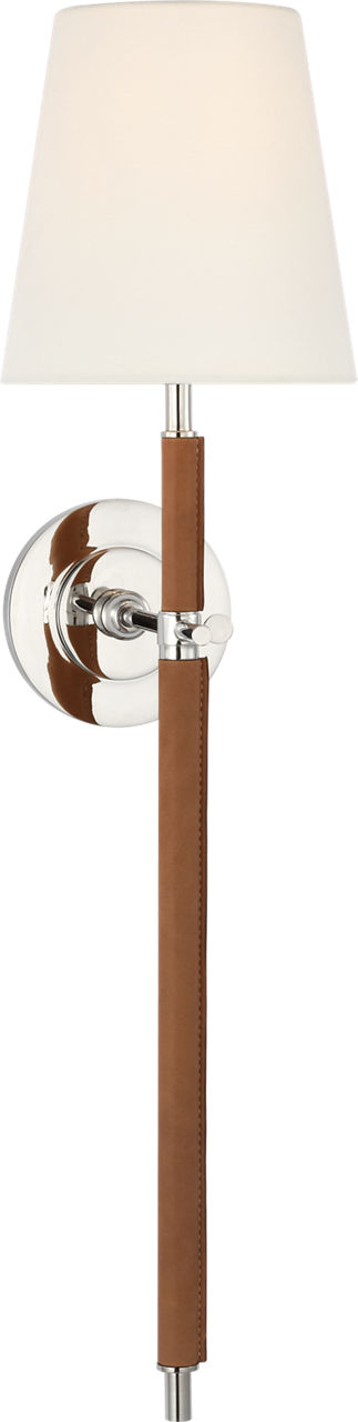 Bryant Large Wrapped Tail Sconce in Polished Nickel and Natural Leather with Linen Shade