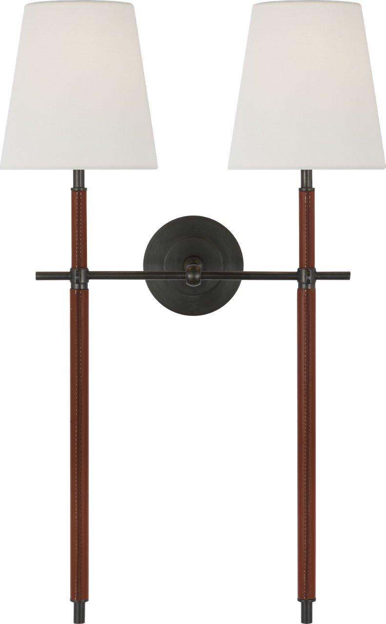 Bryant Large Wrapped Double Tail Sconce in Bronze and Saddle Leather with Linen Shades