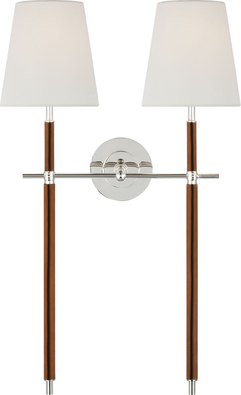 Bryant Large Wrapped Double Tail Sconce in Polished Nickel and Natural Leather with Linen Shades
