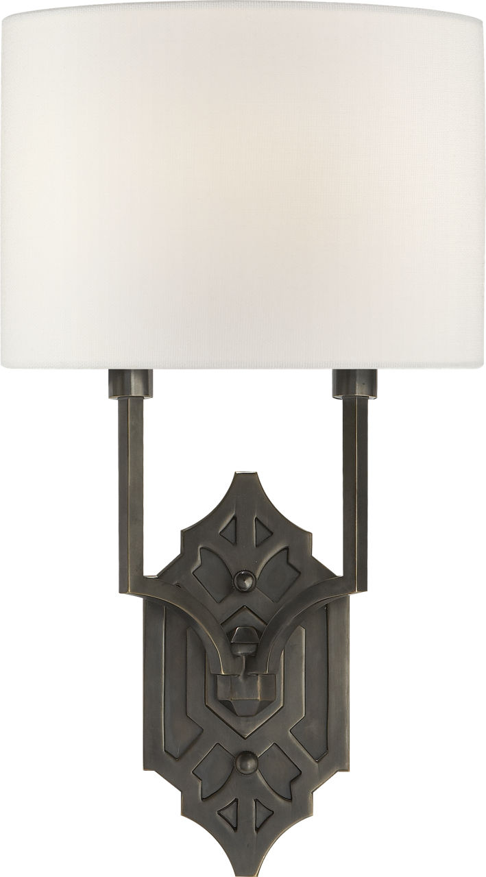 Silhouette Fretwork Sconce in Bronze with Linen Shade