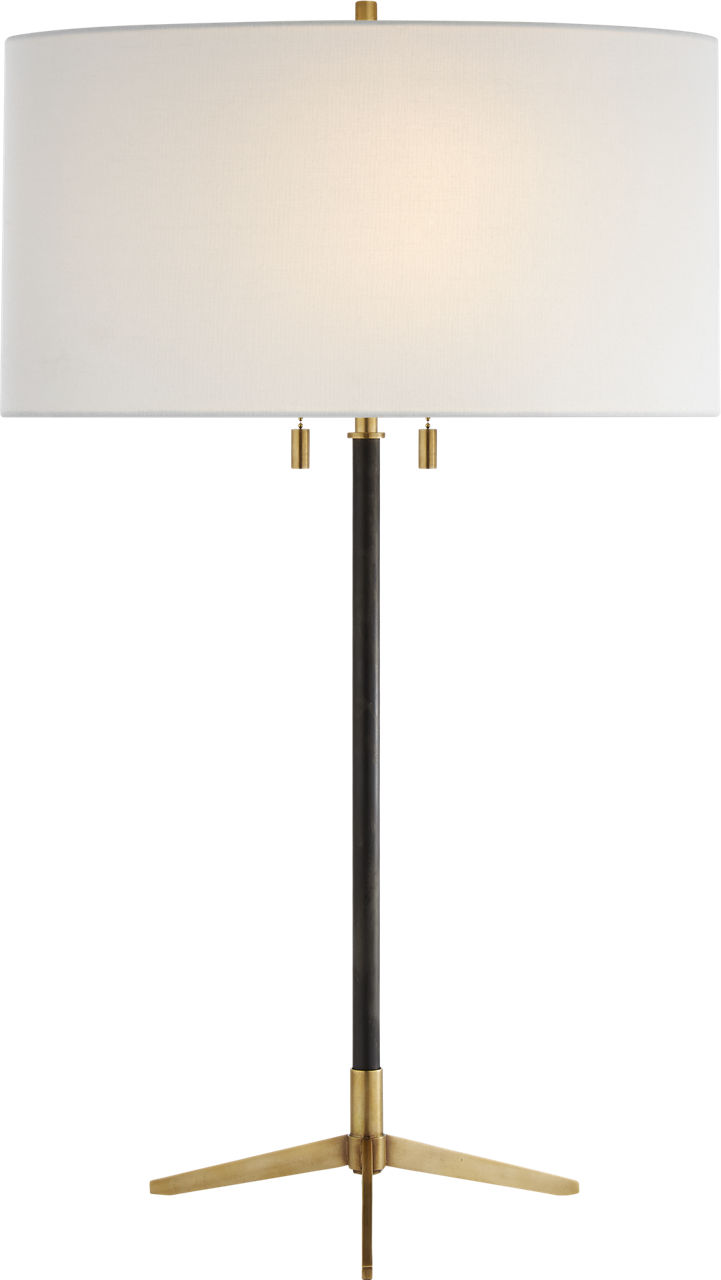 Caron Table Lamp in Bronze and Hand-Rubbed Antique Brass with Linen Shade