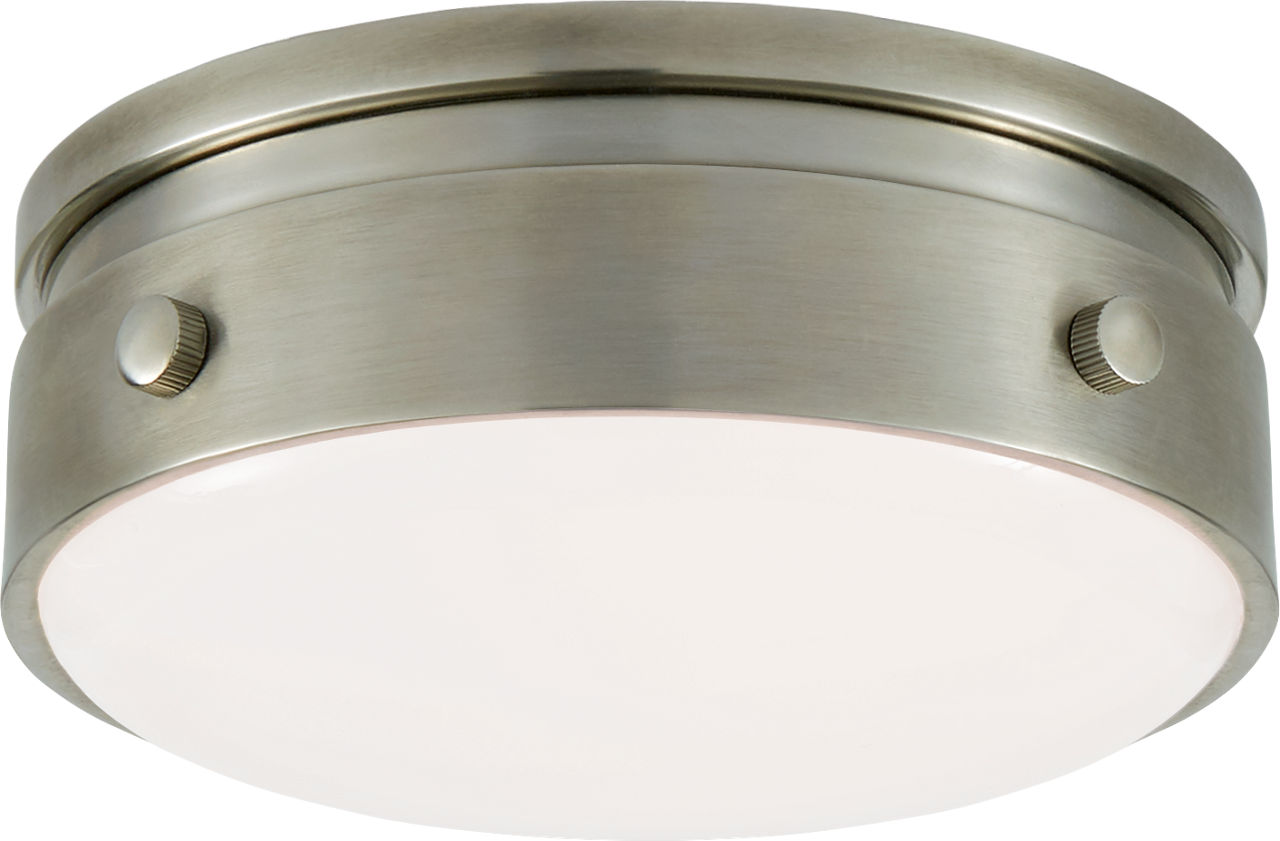 Hicks 5.5" Solitaire Flush Mount in Antique Nickel with White Glass