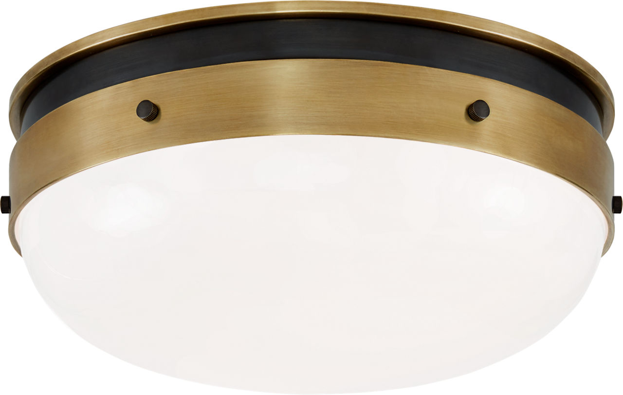 Hicks Small Flush Mount in Bronze and Hand-Rubbed Antique Brass with White Glass