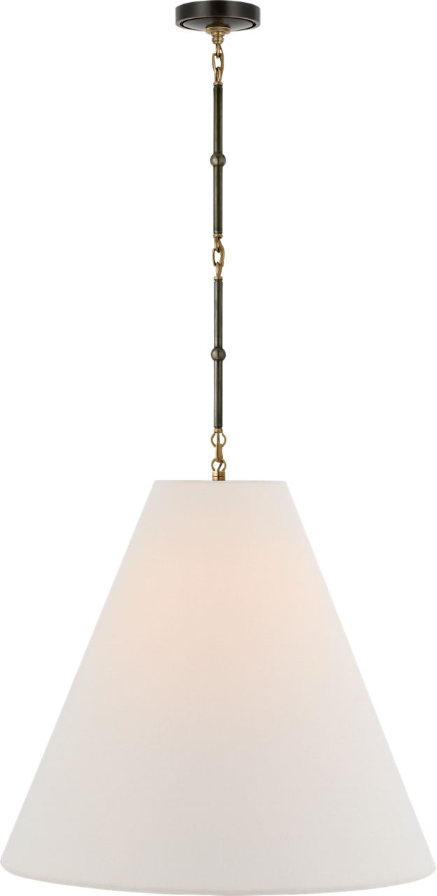 Goodman Large Hanging Lamp in Bronze and Hand-Rubbed Antique Brass with Linen Shade