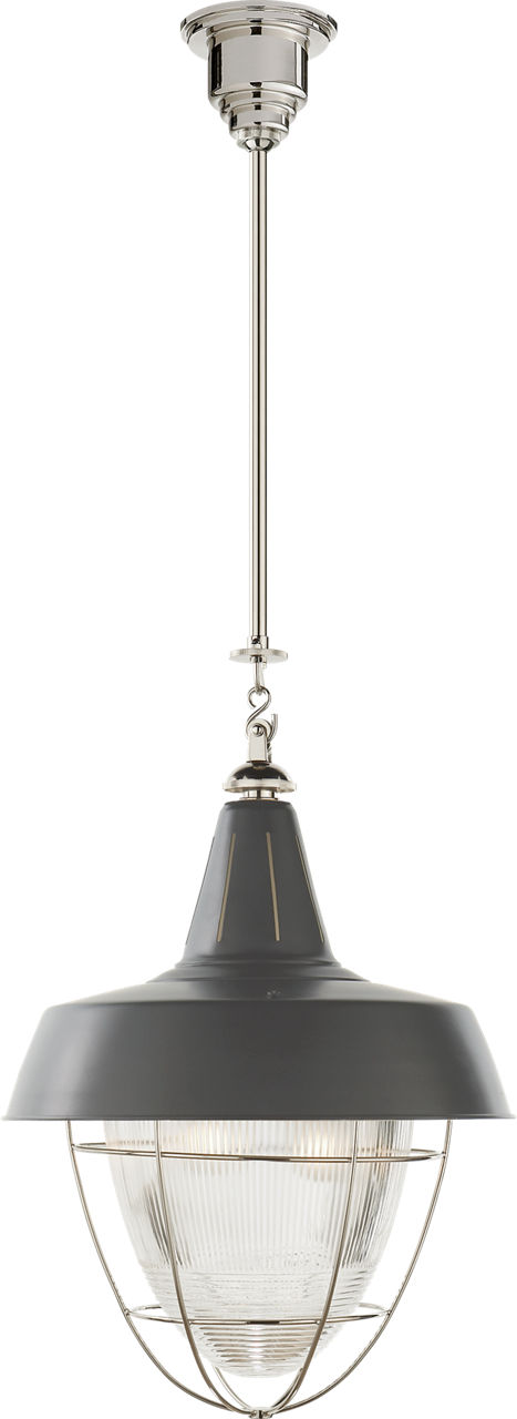 Henry Industrial Hanging Light in Polished Nickel and Green Shade with Industrial Prismatic Glass