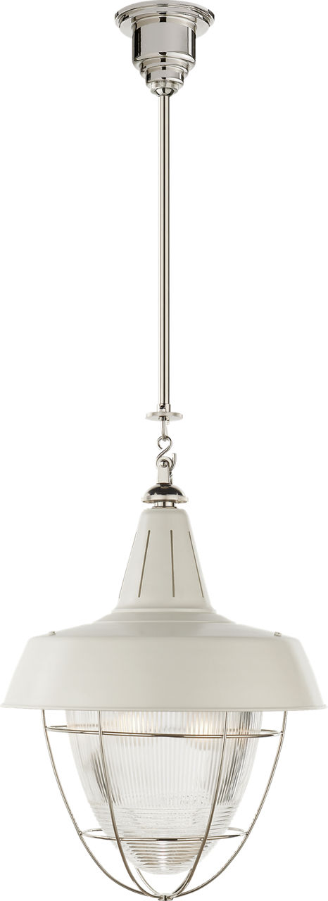 Henry Industrial Hanging Light in Polished Nickel and White Shade with Industrial Prismatic Glass