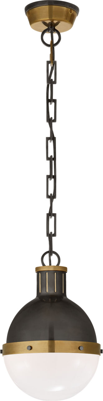 Hicks Small Pendant in Bronze and Hand-Rubbed Antique Brass with White Glass