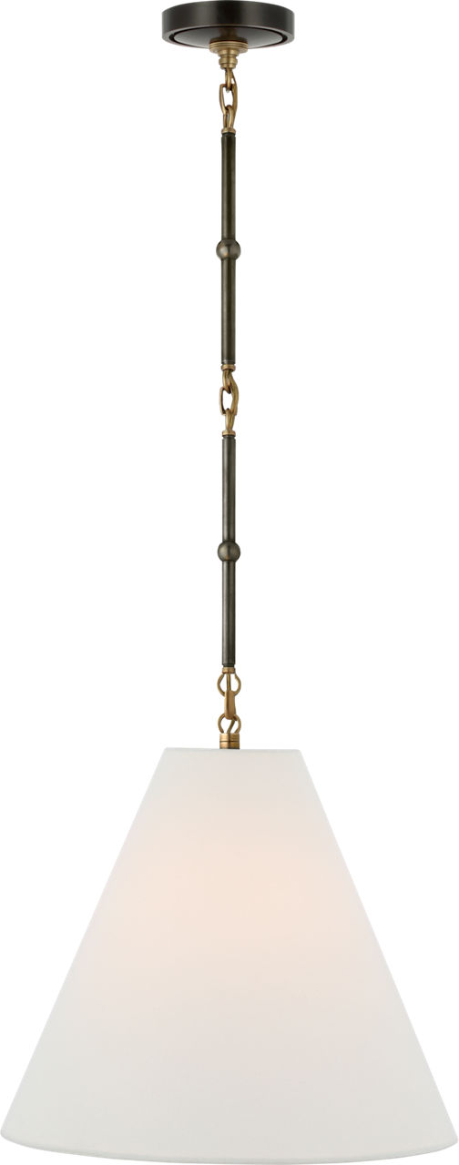 Goodman Small Hanging Light in Bronze and Hand-Rubbed Antique Brass with Linen Shade