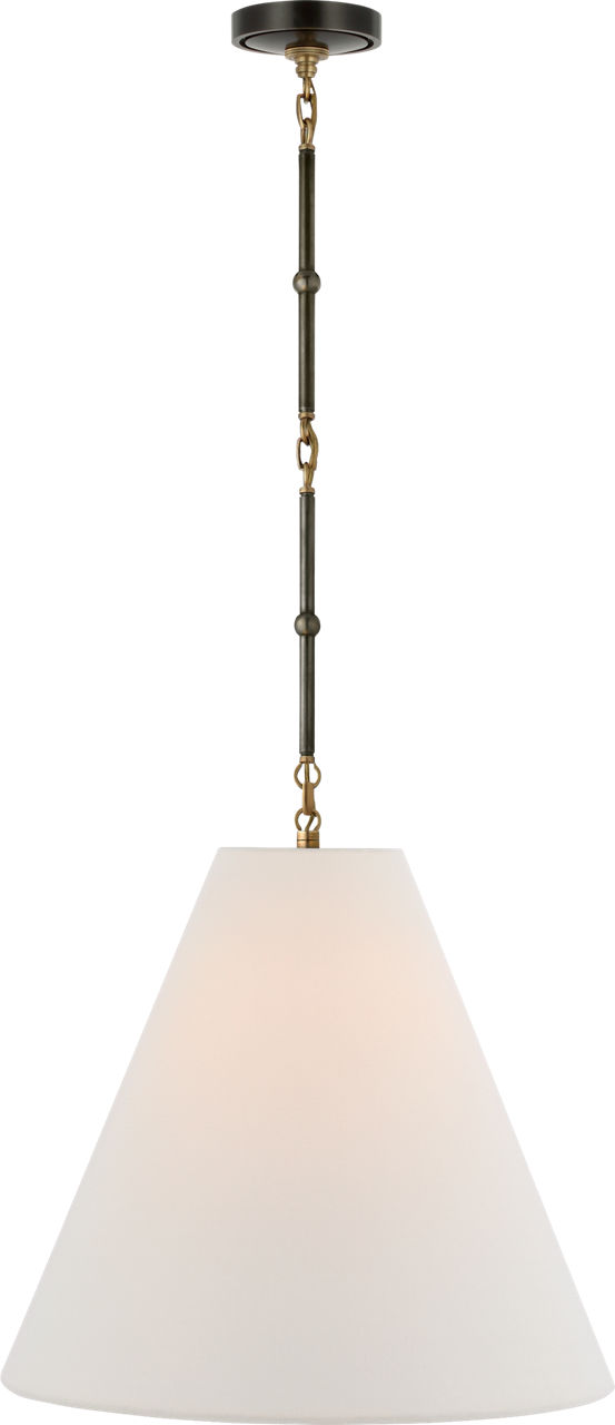 Goodman Medium Hanging Light in Bronze and Hand-Rubbed Antique Brass with Linen Shade