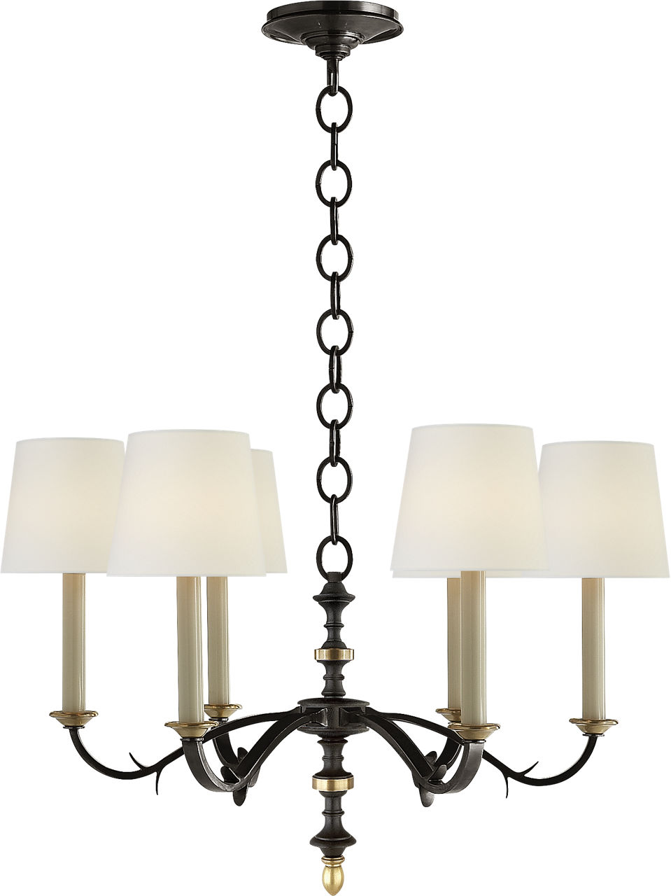 Channing Small Chandelier in Blackened Rust with Hand-Rubbed Antique Brass with Linen Shades