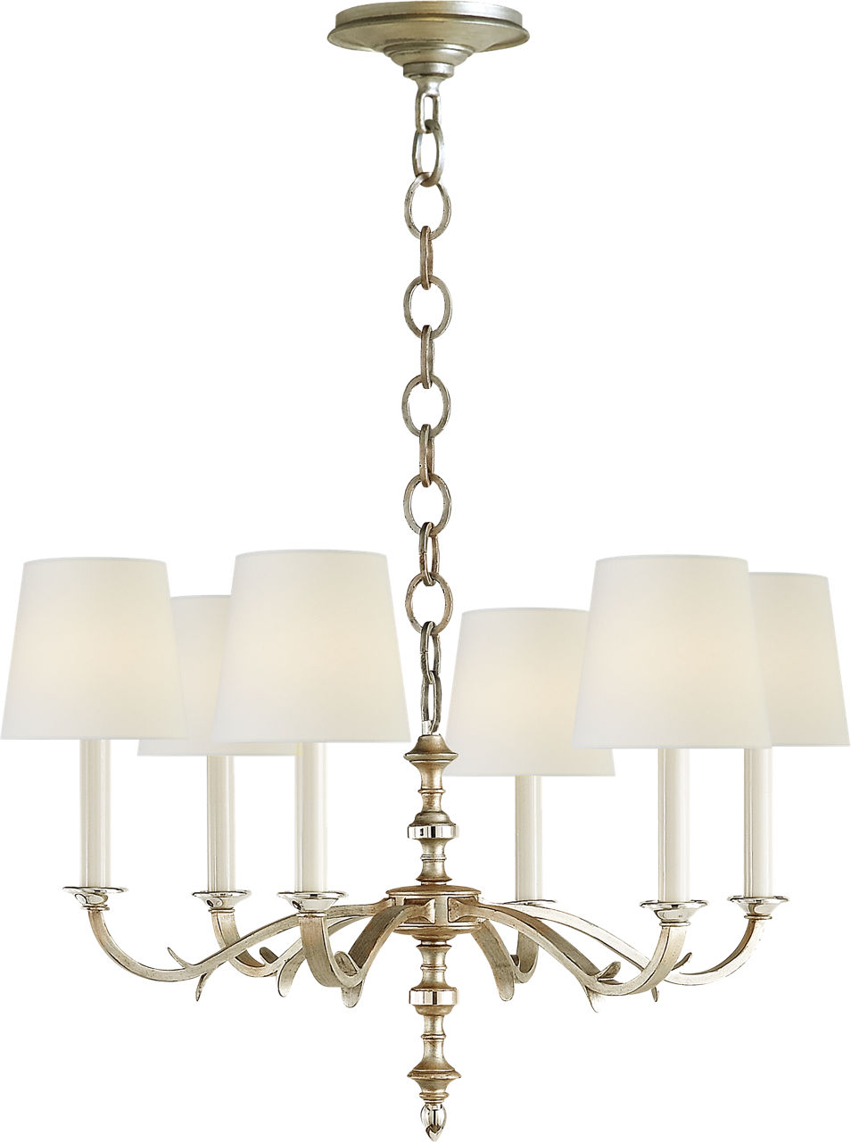 Channing Small Chandelier in Burnished Silver Leaf with Linen Shades