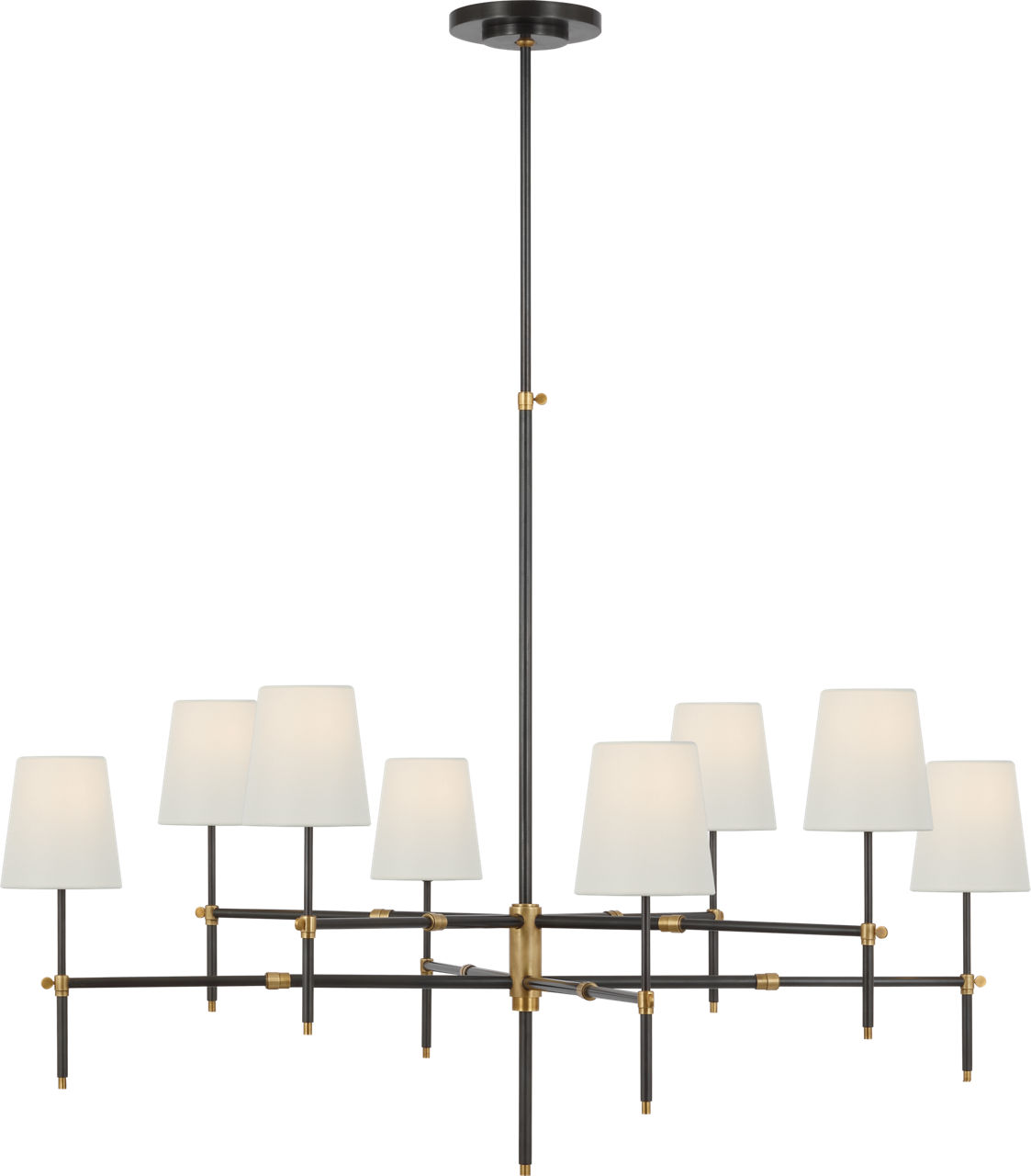 Bryant Extra Large Two Tier Chandelier in Bronze and Hand-Rubbed Antique Brass with Linen Shades