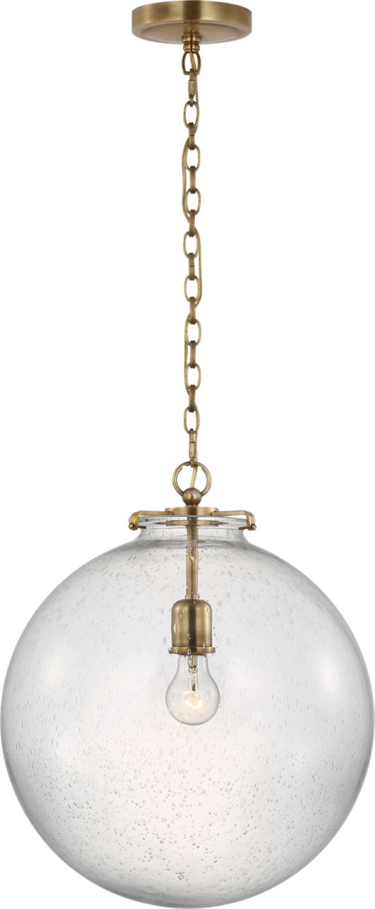 Katie Large Globe Pendant in Hand-Rubbed Antique Brass with Seeded Glass