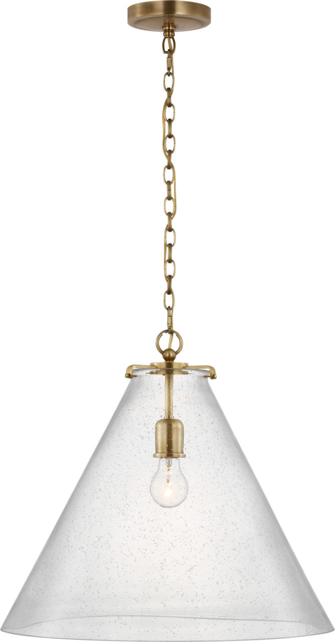 Katie Large Conical Pendant in Hand-Rubbed Antique Brass with Seeded Glass