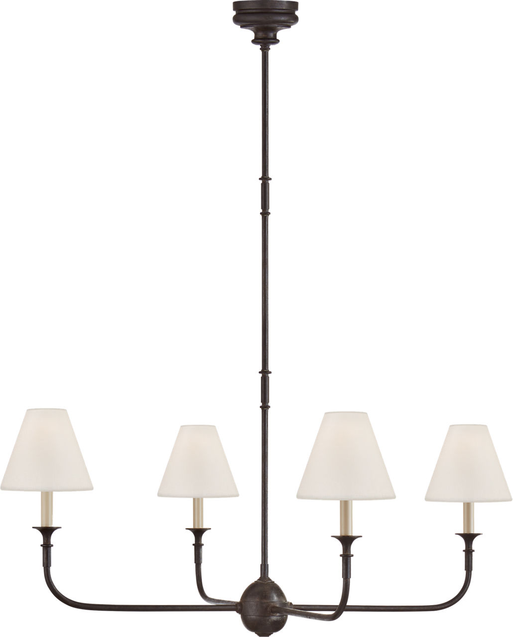 Piaf Large Chandelier in Aged Iron and Ebonized Oak with Linen Shades
