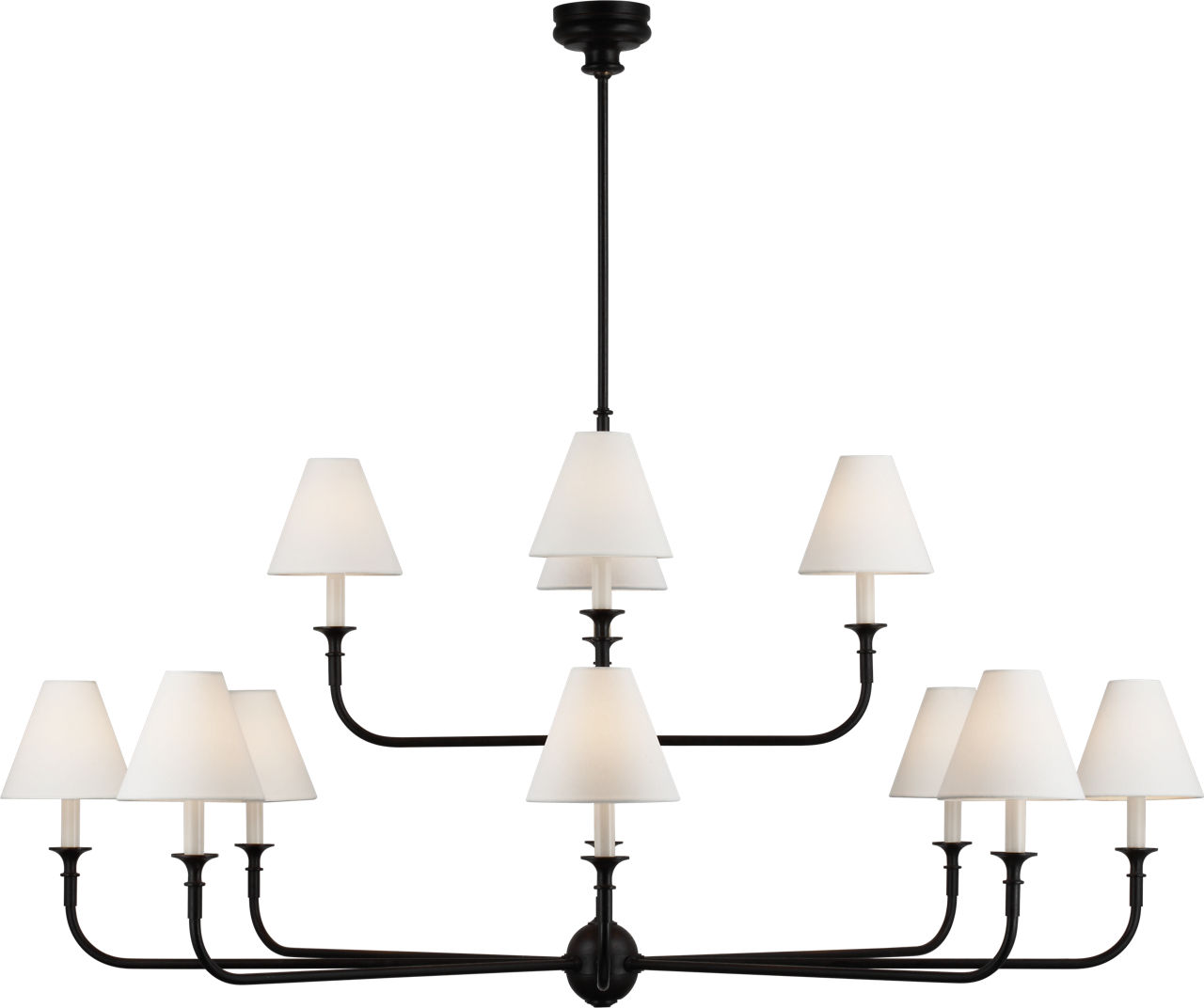 Piaf Grande Two-Tier Chandelier in Aged Iron and Ebonized Oak with Linen Shades