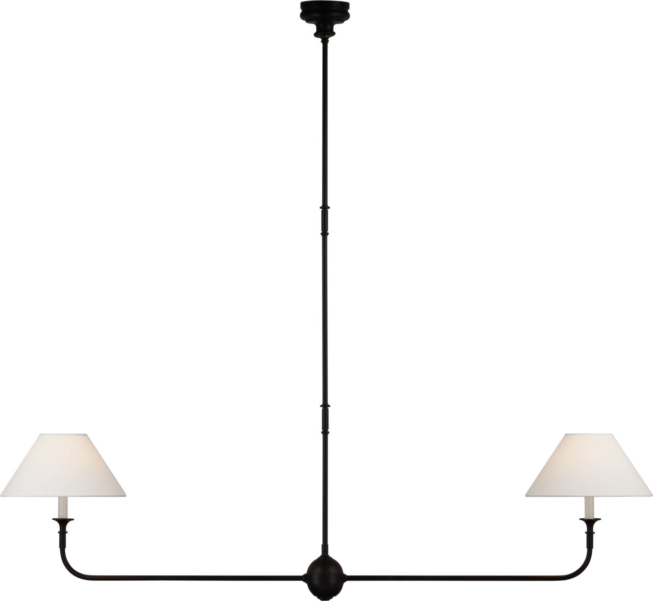 Piaf Large Two Light Linear Pendant in Aged Iron and Ebonized Oak with Linen Shades