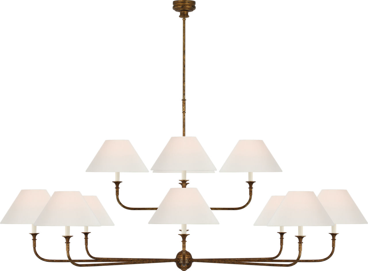 Piaf Oversized Two Tier Chandelier in Antique Gild with Linen Shades