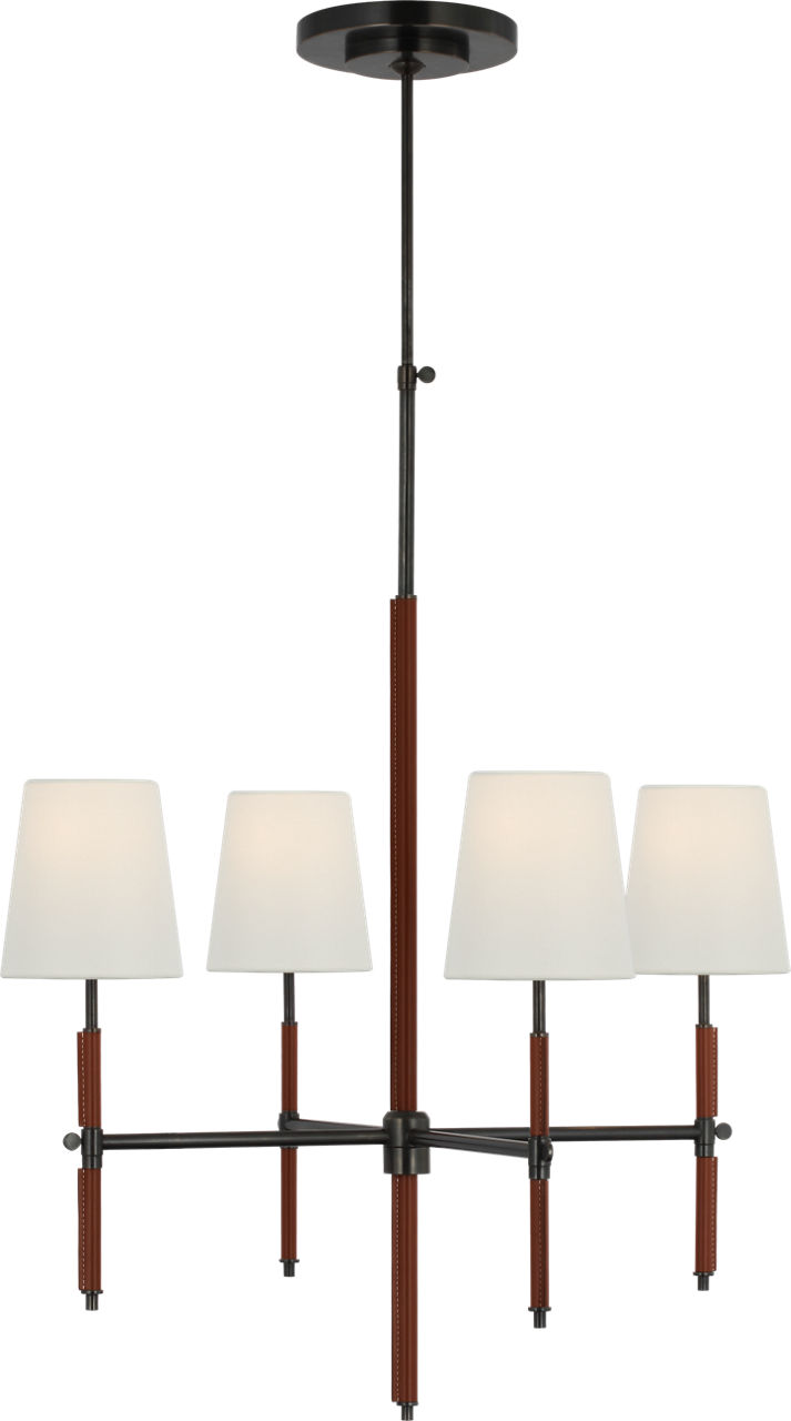 Bryant Small Wrapped Chandelier in Bronze and Saddle Leather with Linen Shades