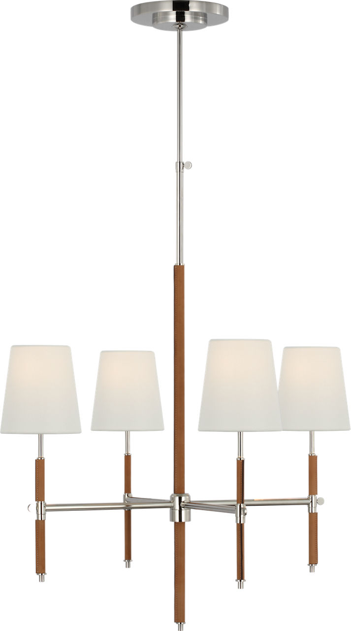 Bryant Small Wrapped Chandelier in Polished Nickel and Natural Leather with Linen Shades