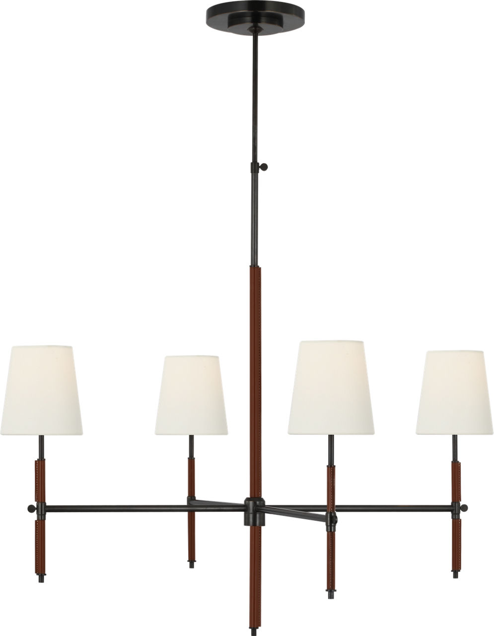 Bryant Large Wrapped Chandelier in Bronze and Saddle Leather with Linen Shades