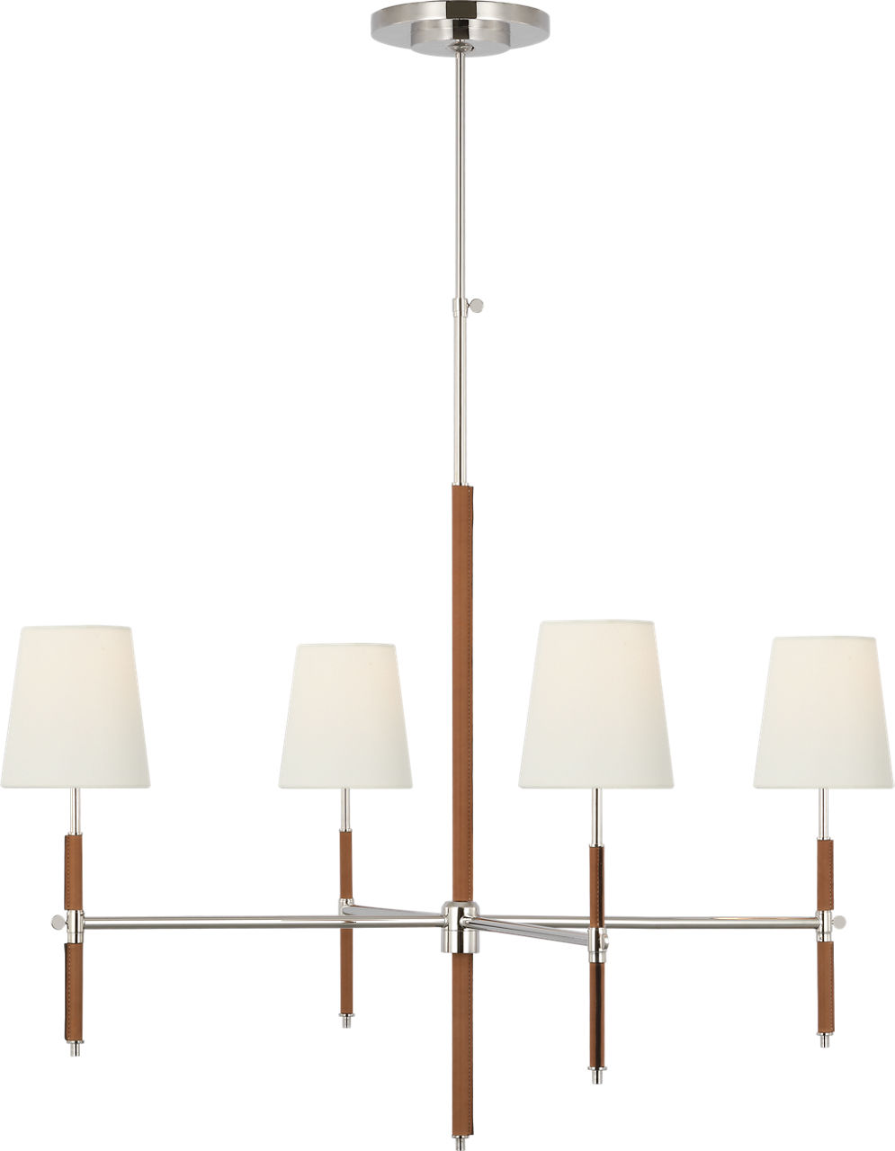Bryant Large Wrapped Chandelier in Polished Nickel and Natural Leather with Linen Shades