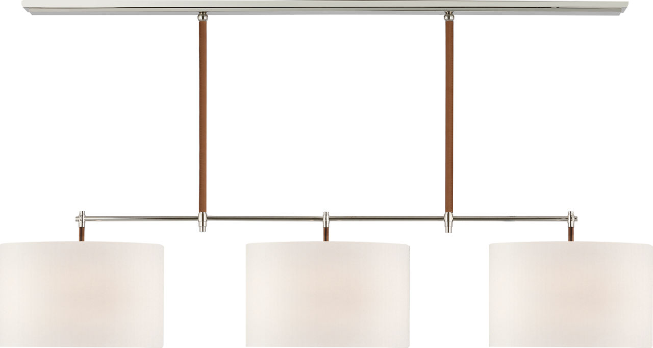 Bryant Large Wrapped Billiard in Polished Nickel and Natural Leather with Linen Shades