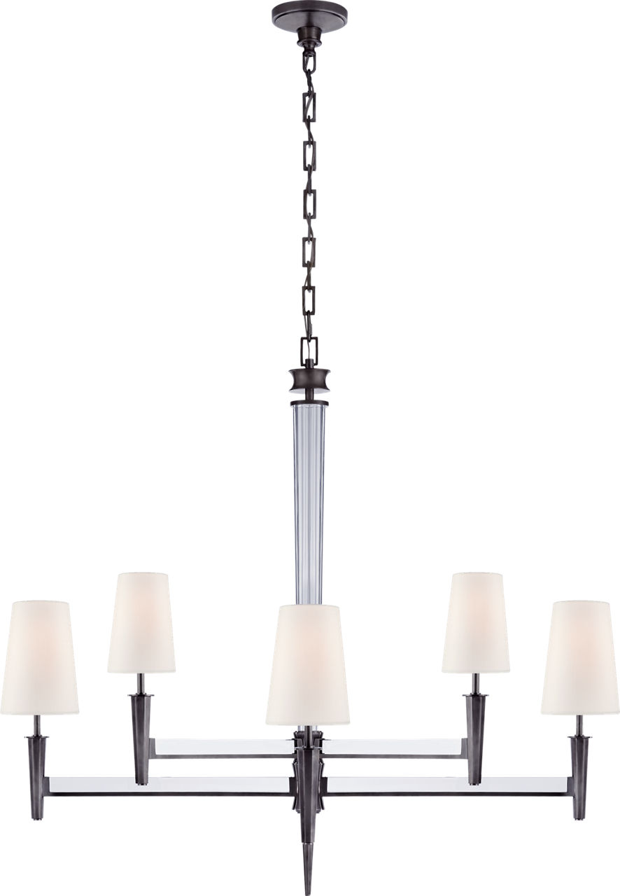 Lyra Two Tier Chandelier in Bronze and Crystal with Linen Shades