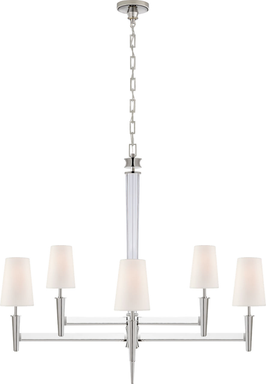 Lyra Two Tier Chandelier in Polished Nickel and Crystal with Linen Shades