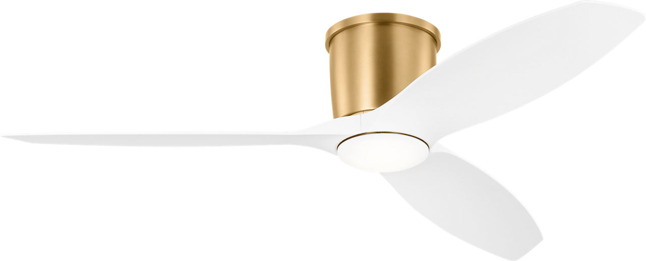 Titus 52 Hugger LED Ceiling Fan in Satin Brass with Matte White Blades and Light Kit