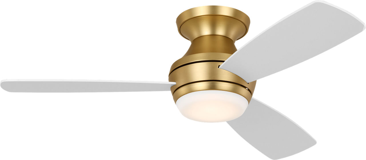 Ikon 44 Hugger LED Ceiling Fan in Burnished Brass with Matte White Blades and Light Kit