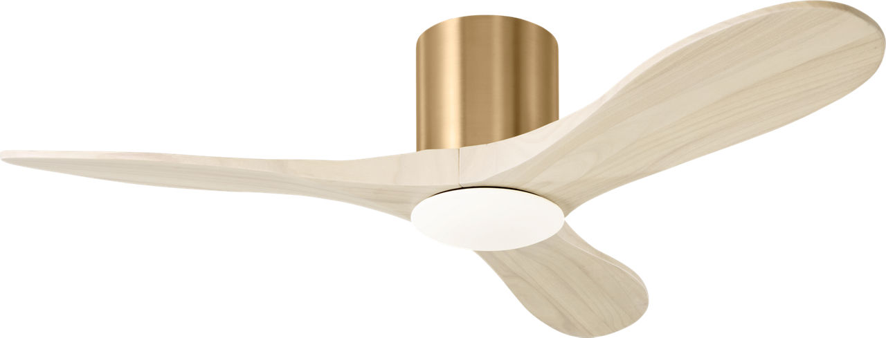 Maverick Smart 44" Hugger LED Ceiling Fan in Burnished Brass with Washed White Oak Blades