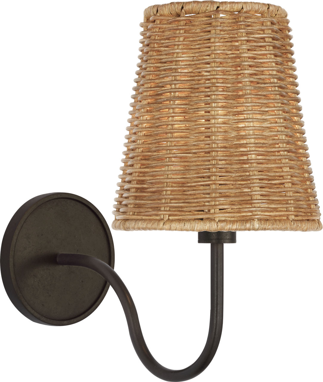 Lyndsie Small Cordless Sconce in Aged Iron with Natural Wicker Shade