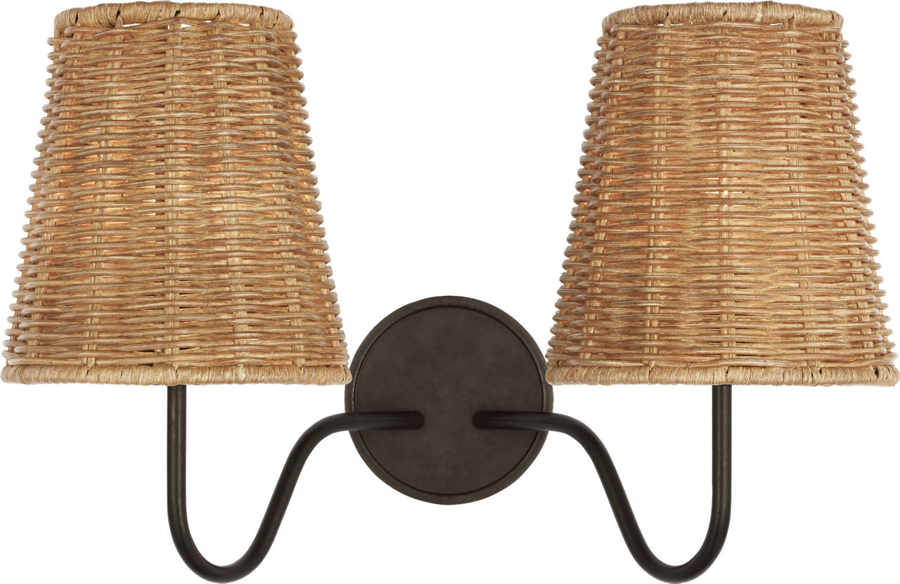 Lyndsie 11" Double Sconce in Aged Iron with Natural Wicker Shades