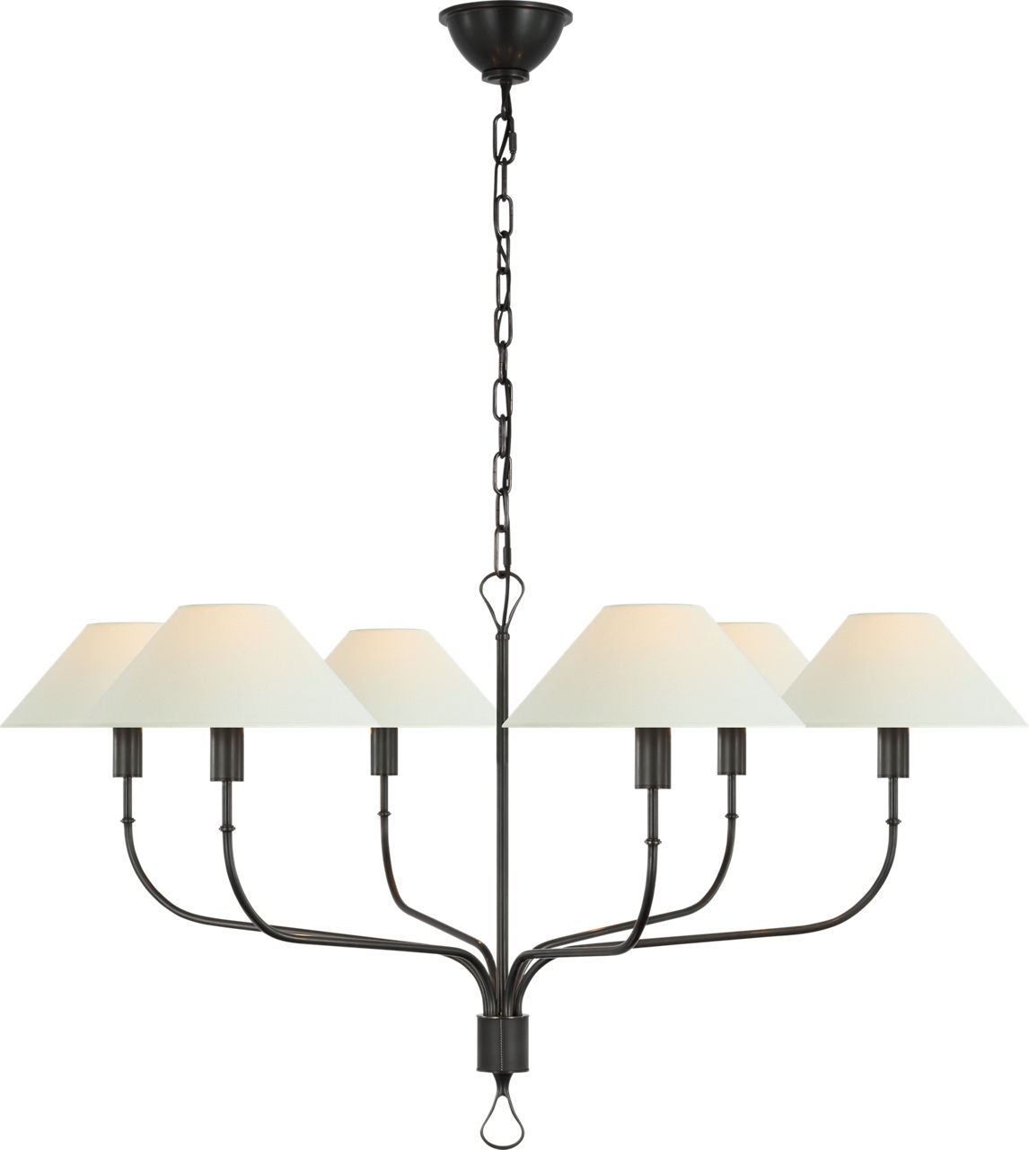 Griffin Grande Tail Chandelier in Bronze and Chocolate Leather with Linen Shades