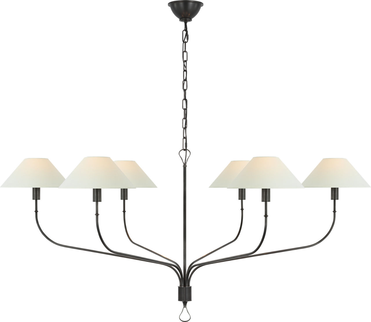 Griffin Extra Large Tail Chandelier in Bronze and Chocolate Leather with Linen Shades