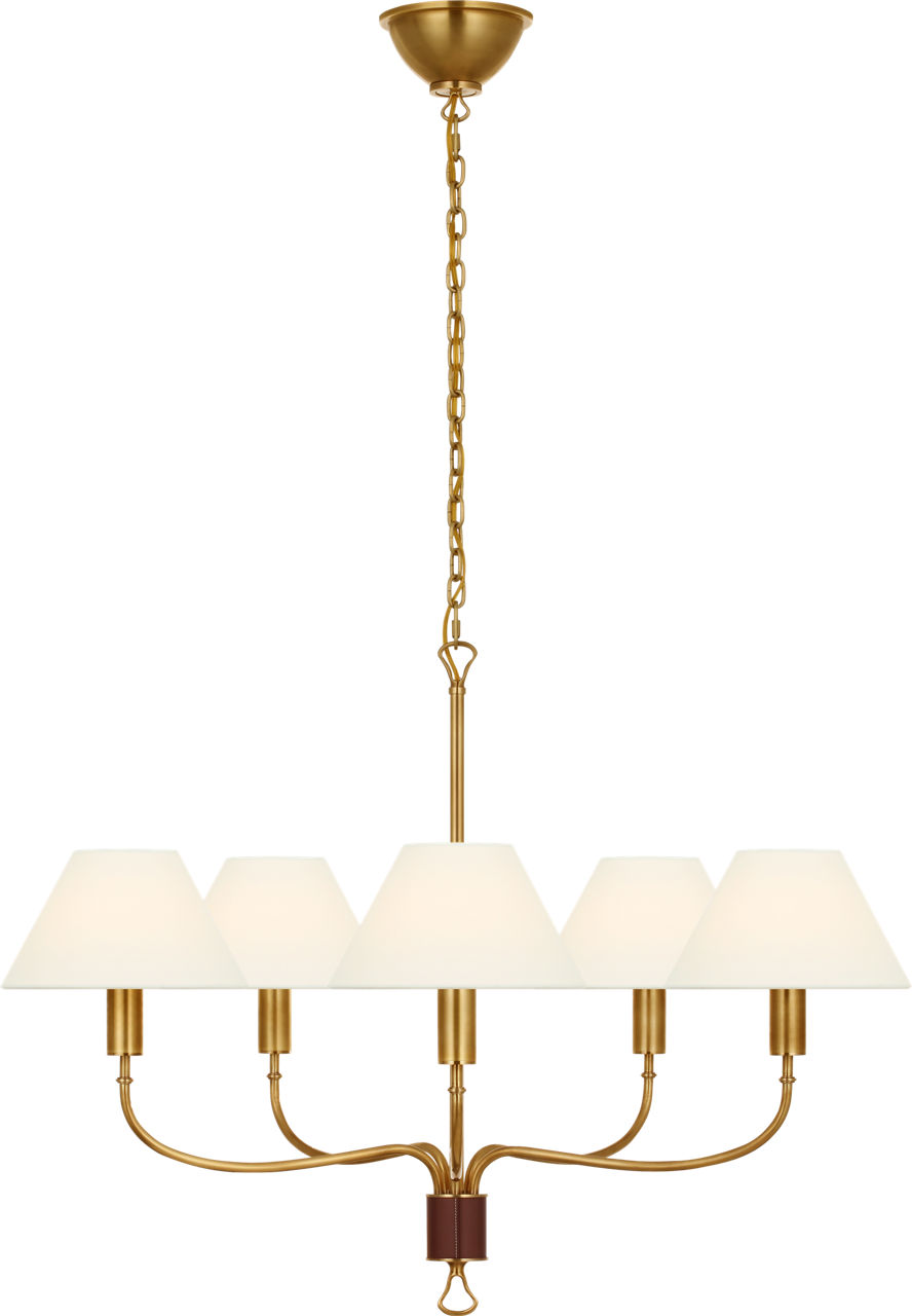 Griffin 31" Chandelier in Hand-Rubbed Antique Brass and Saddle Leather with Linen Shades