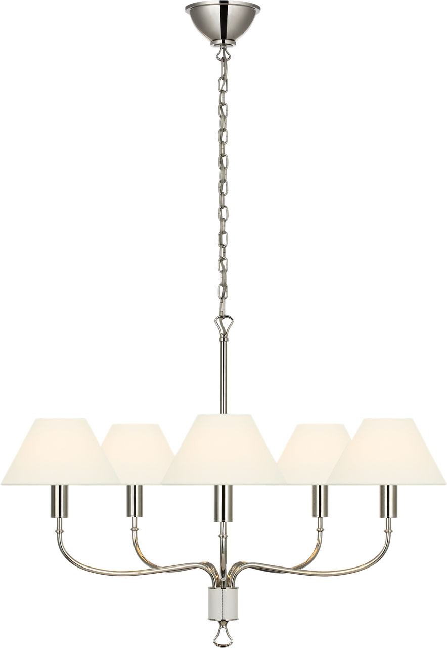 Griffin 31" Chandelier in Polished Nickel and Parchment Leather with Linen Shades