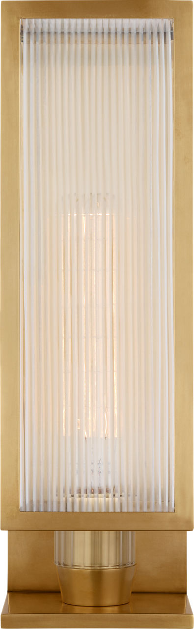 York 16" Single Box Outdoor Sconce in Soft Brass with Clear Ribbed Glass