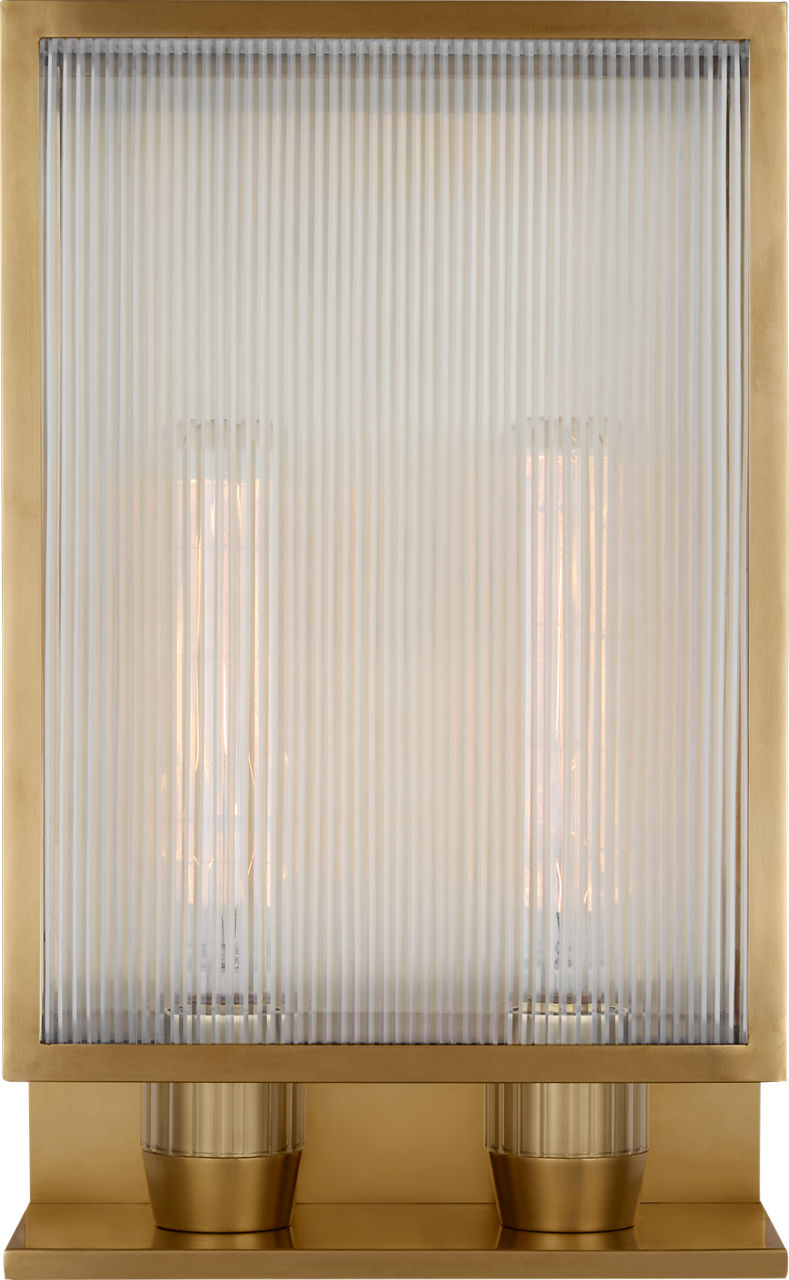 York 16" Double Box Outdoor Sconce in Soft Brass with Clear Ribbed Glass