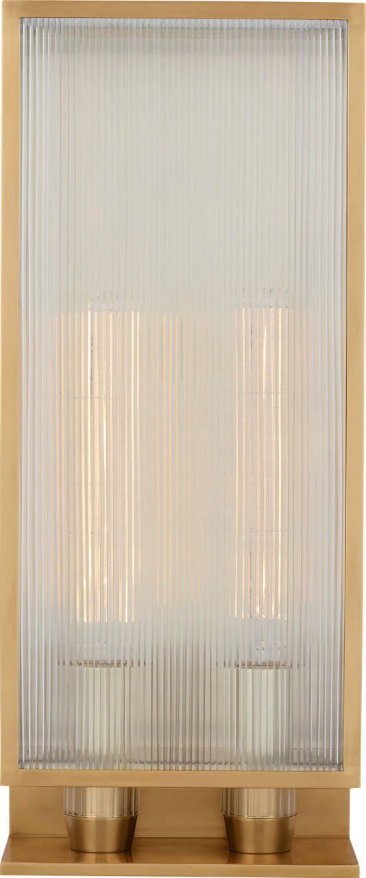 York 24" Double Box Outdoor Sconce in Soft Brass with Clear Ribbed Glass