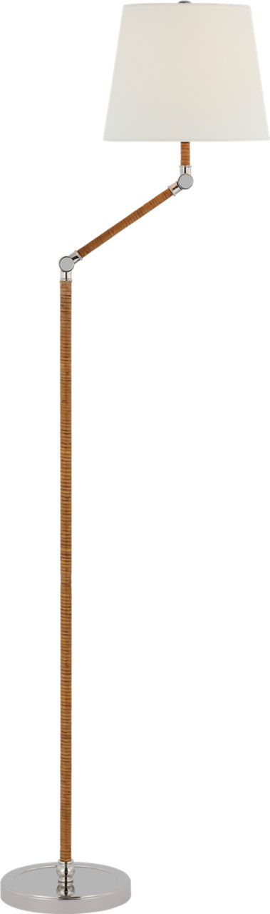 Basden Bridge Arm Floor Lamp in Polished Nickel and Natural Rattan with Linen Shade